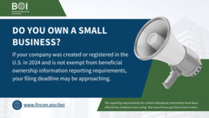 On a green and white background, a large gray megaphone appears on the right side of the image. To the left, white text in capital letters on a blue background read: “DO YOU OWN A SMALL BUSINESS?” followed by, “If your company was created or registered in the U.S. in 2024 and is not exempt from beneficial ownership information reporting requirements, your filing deadline may be approaching.” The BOI logo, with the “O” stylized as a green globe icon, is positioned in the top left corner. Below the main text is a blue globe icon and the URL: www.fincen.gov/boi.